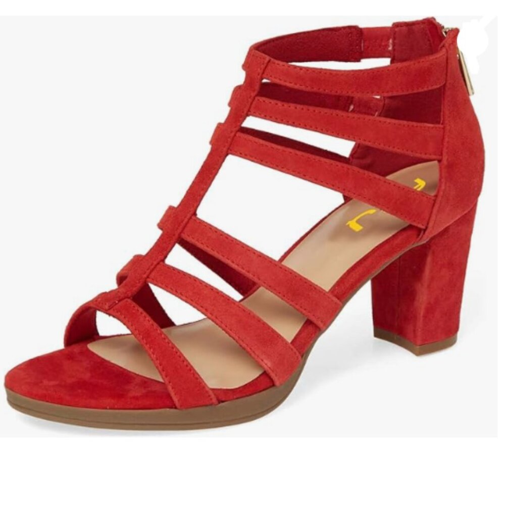 FSJ Red Chunky High Heel Sandals Open Toe T-Strap Cutout Zipper Strappy Shoes